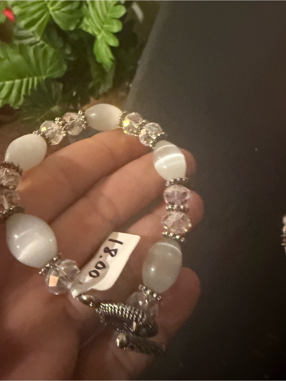 Women's White Beaded Stretch Bracelet with Crystal Accents